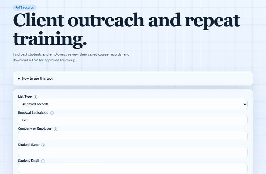 Client Outreach and Repeat Training preview showing renewal lookahead controls