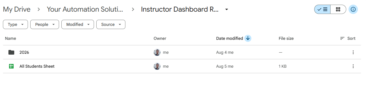 Instructor Dashboard Drive folder screenshot showing organized course files