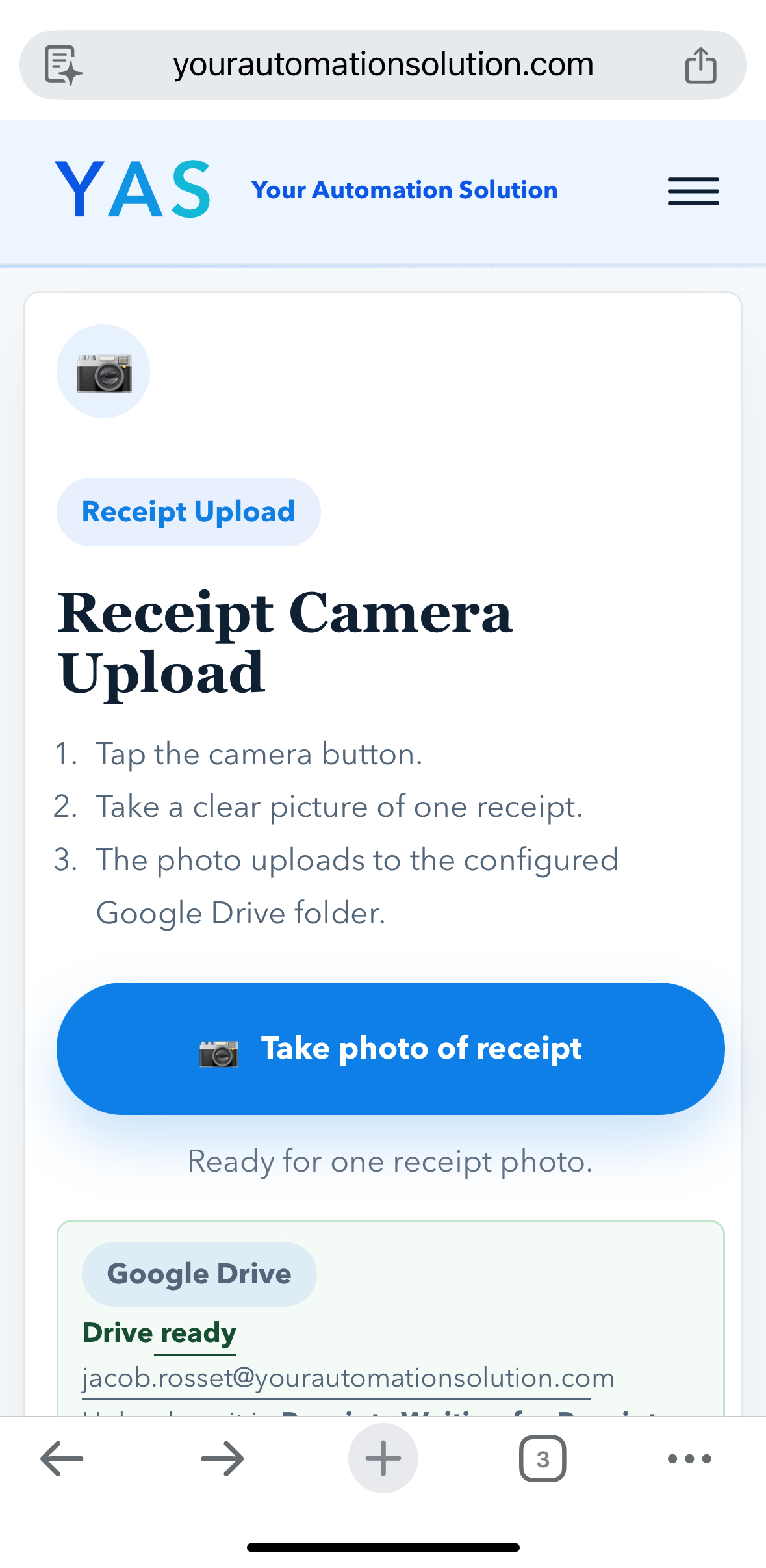 Receipt Camera Upload preview showing the take photo of receipt button and Google Drive ready state