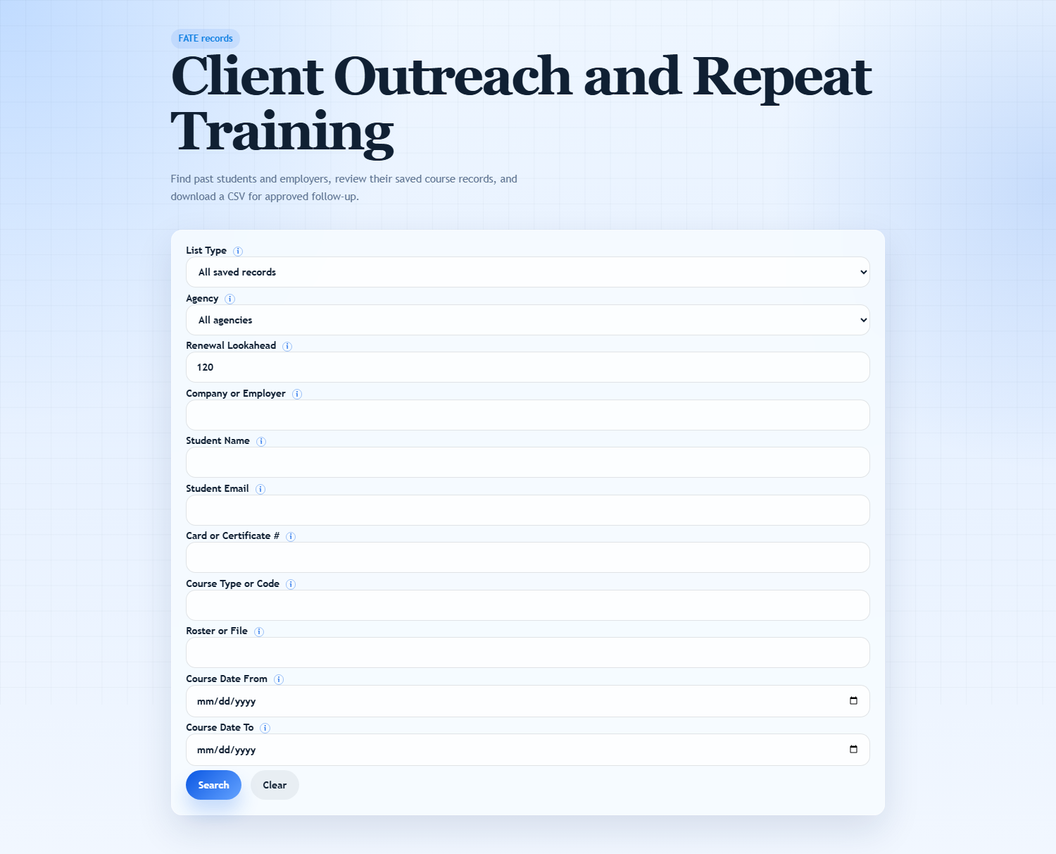Client Outreach and Repeat Training tool screenshot