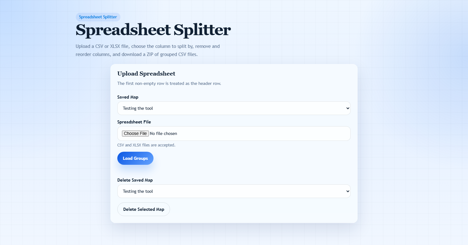 Spreadsheet Splitter tool screenshot