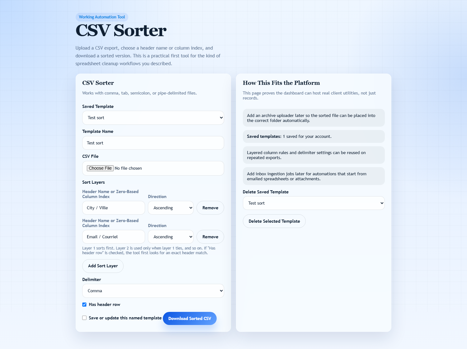 CSV Sorter tool screenshot