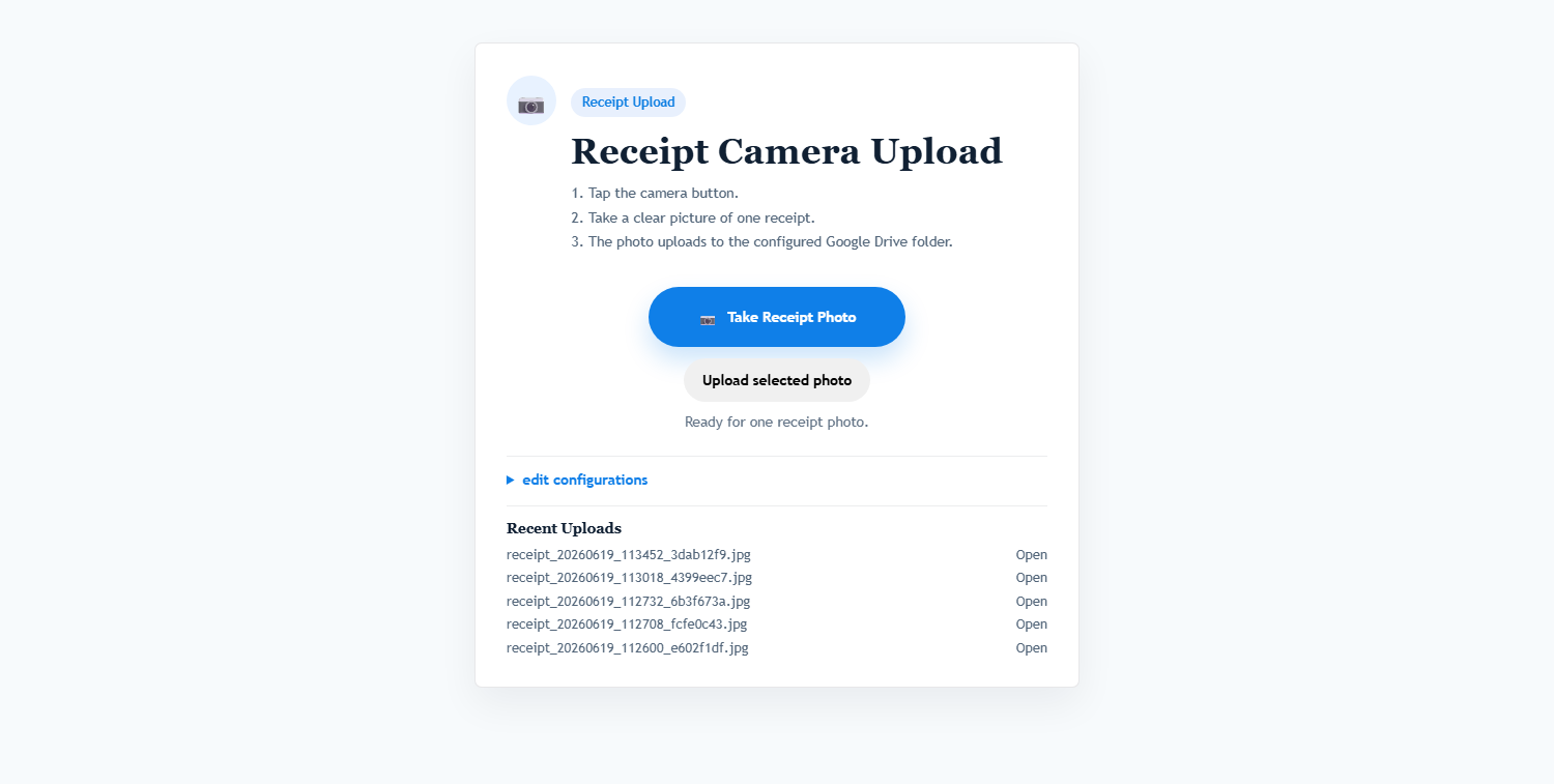 Receipt Camera Upload tool screenshot