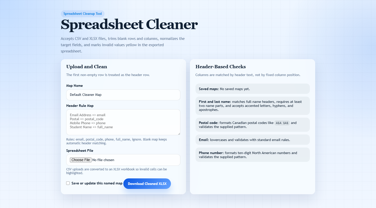 Spreadsheet Cleaner tool screenshot